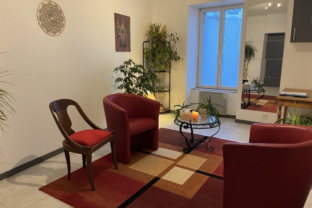 Salle de consultation lumineuse avec fauteuils rouges et plantes, à Plestin-les-Grèves, accessible depuis Plougonven en 36 minutes